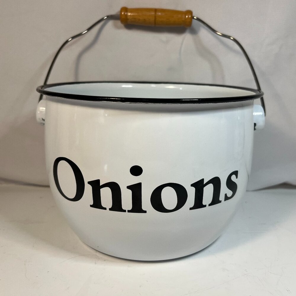 Onions White Enamel Pail Bucket Holder Metal Rustic Farmhouse Kitchen Decor